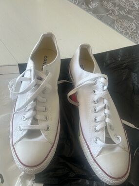 Converse White Canvas Low-Top Sneakers with Red Stripe
